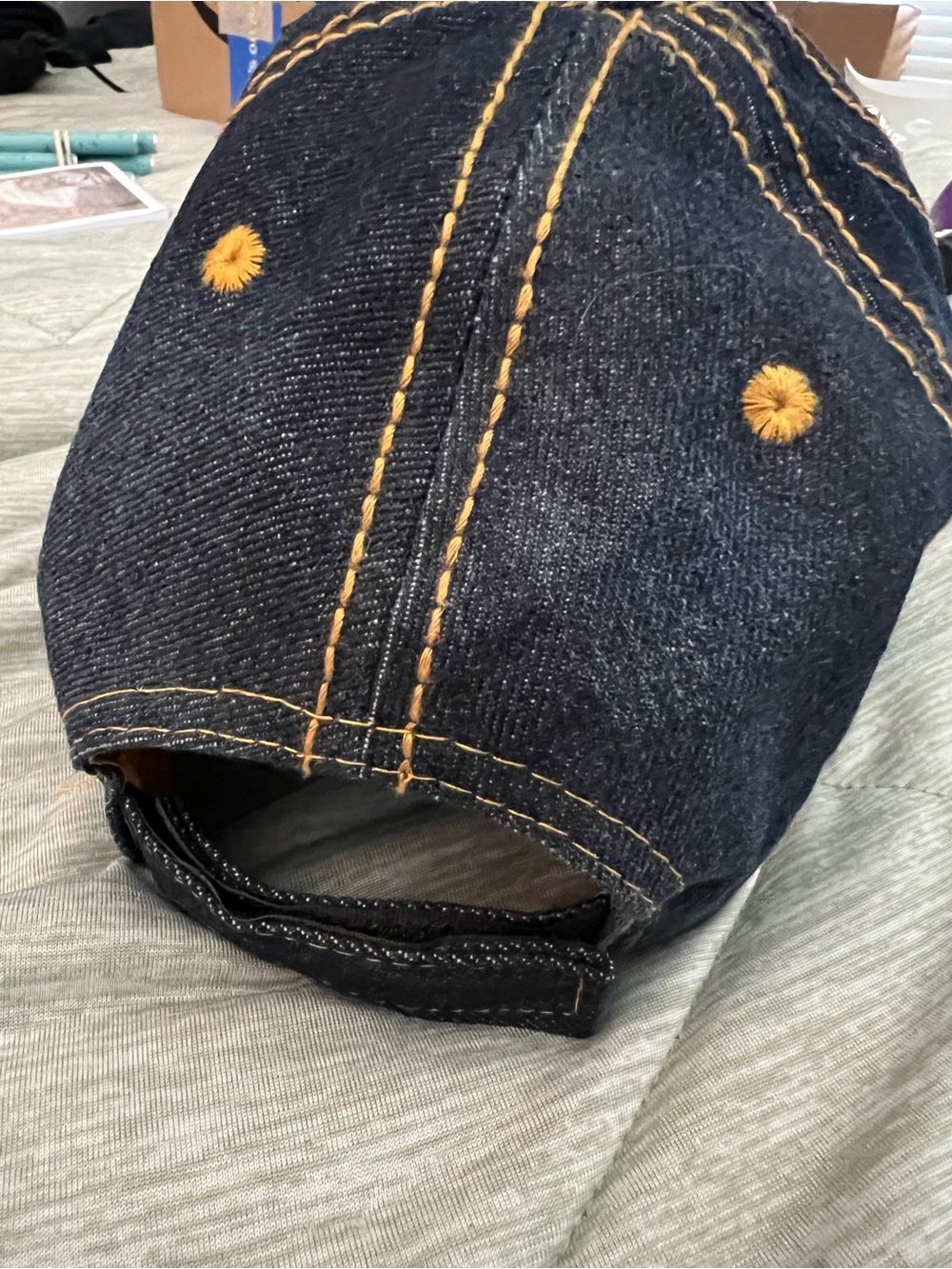 Rhinestone Embellished Distressed Denim Cap with Blue Star - Picture 2 of 2